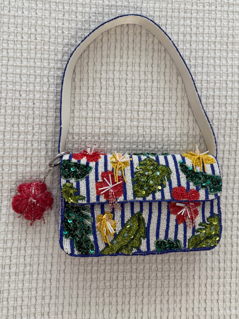 Beaded Floral Stripe Shoulder Bag in Blue and White
